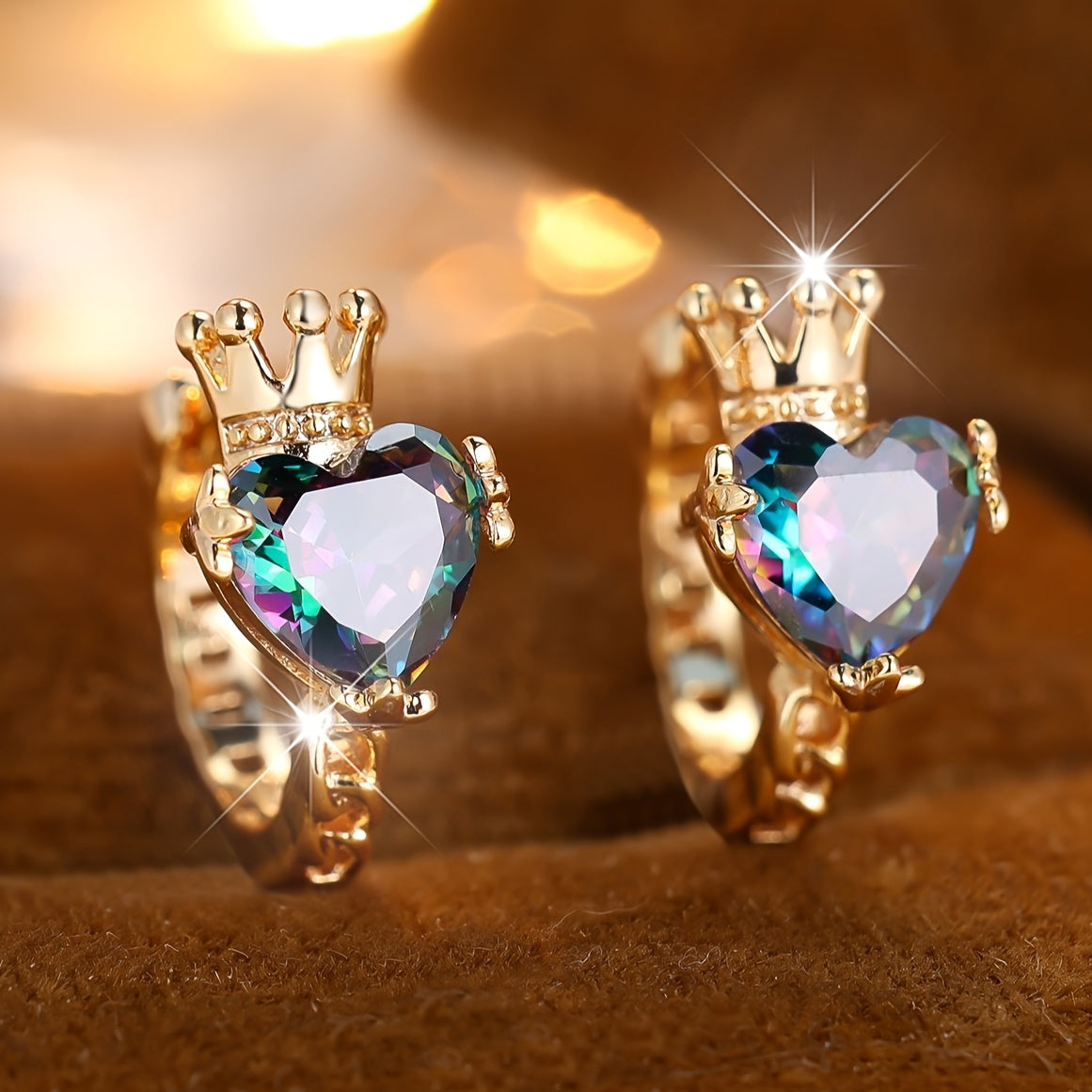 Women's Boho-Chic Crown & Multicolor Heart Hoop Earrings with Cubic Synthetic Zirconia - KC Copper Crown & Hearts, Wedding & Valentine's Day Gift, Year-Round Elegant Bohemian Suitable for Weddings, Parties, Casual Attire