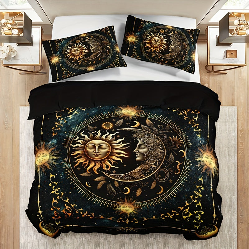 3pcs Bedding Set - Elegant & Golden Sun/Moon/Planets Print Duvet Cover with 2 Pillowcases, All-Season Luxury Bedspread for Queen/King Size Beds, Machine Washable Polyester Bedding For Home & Dorm Decor