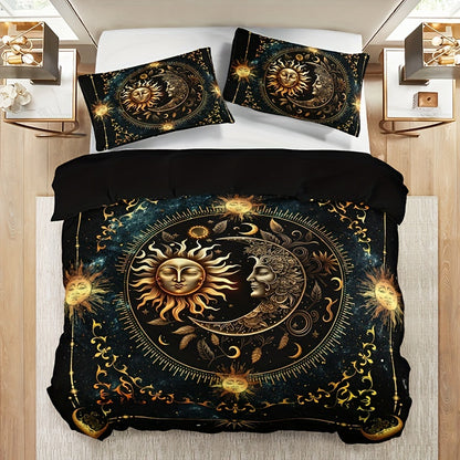 3pcs Bedding Set - Elegant & Golden Sun/Moon/Planets Print Duvet Cover with 2 Pillowcases, All-Season Luxury Bedspread for Queen/King Size Beds, Machine Washable Polyester Bedding For Home & Dorm Decor