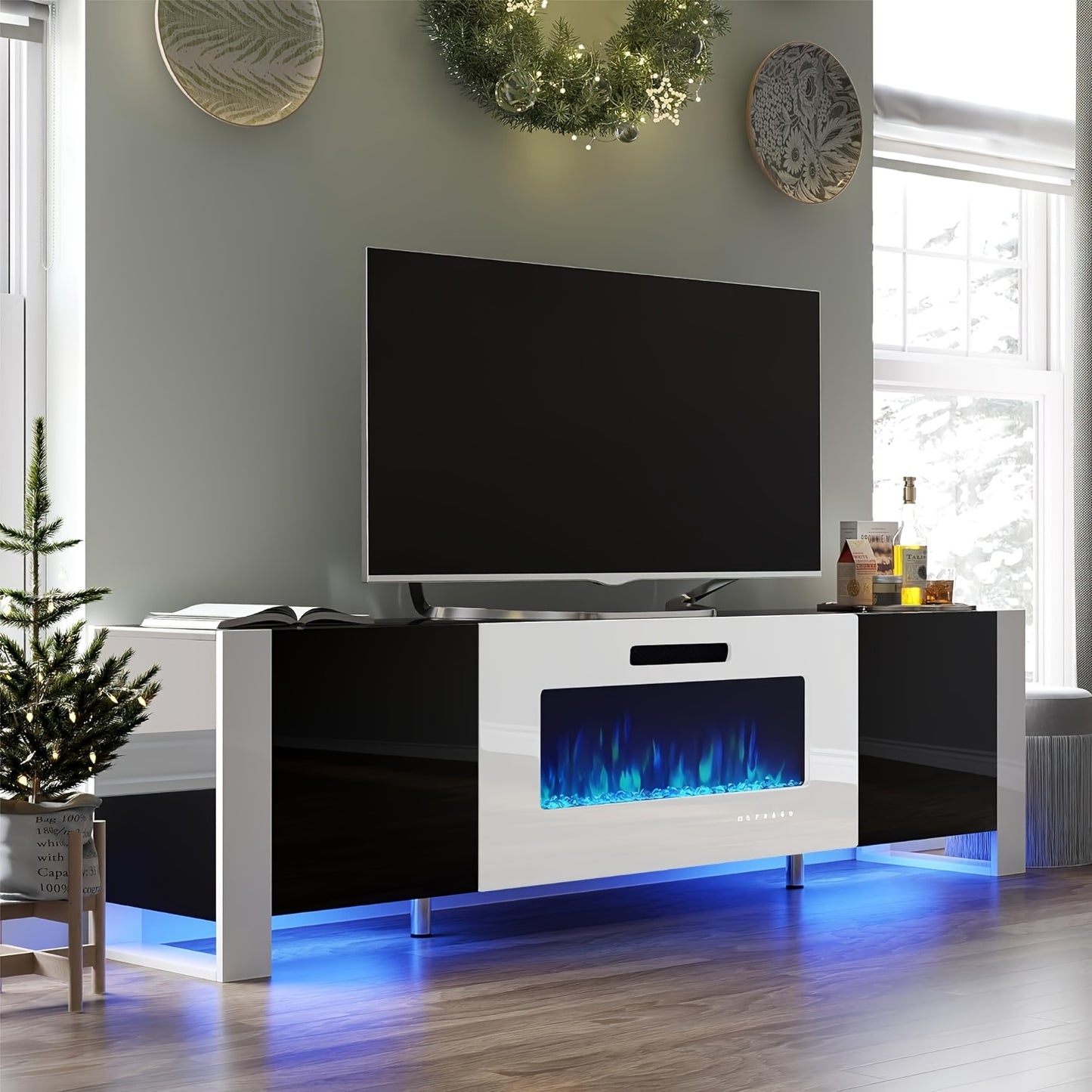Modern Electric Fireplace TV Stand with LED Lights, Entertainment Center for TVs