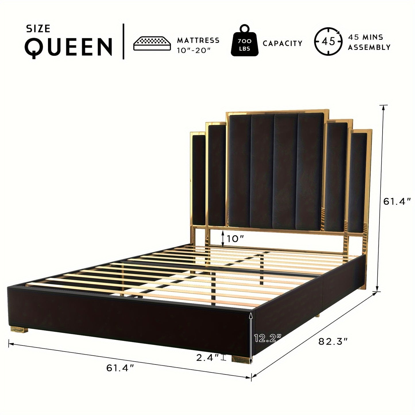 Papajet Golden Trimmed Upholstered Bed Frame with 61-Inch Headboard - Modern Platform Style