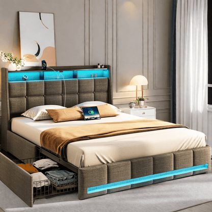 Twin Full Queen Bed Frame with LED Lighting, Built-in Charging Station, have RemotePU Leather/neutral-toned linen fabric Storage Headboard & Drawers,Heavy Duty Wood Slats, Quick & Easy Assembly - Perfect for Bedroom Furniture