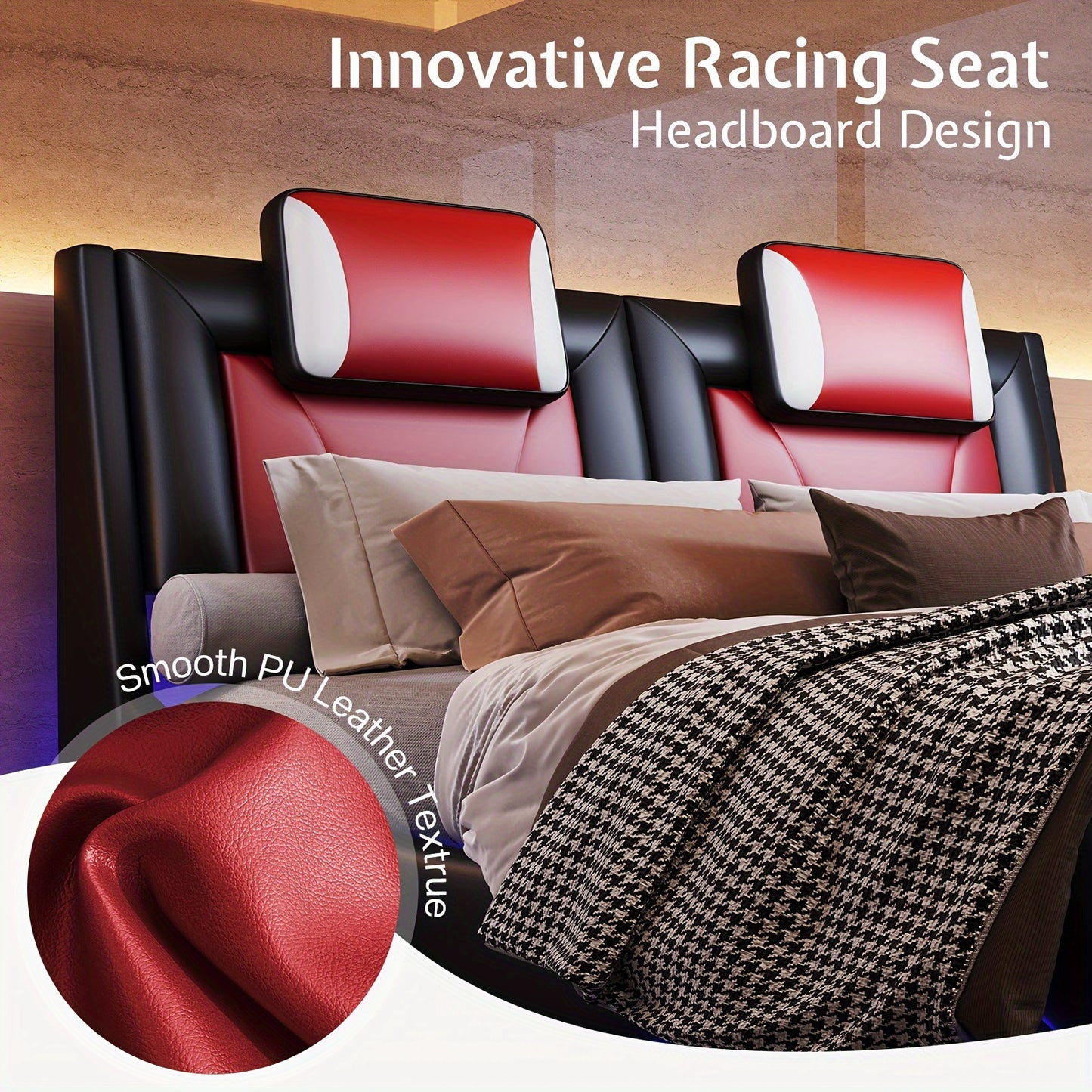 Modern Elegance Meets Functionality: PaPaJet Full Floating Bed Frame With Built-in LED Lights, Faux Leather Upholstery, & Wave-Shaped Curves, No Box Spring Required