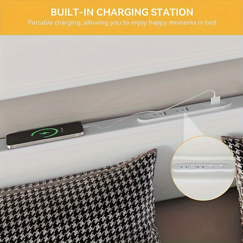 Queen Bed Frame with Ergonomic Headboard, Upholstered Led Bed Frame with Lights and Charging Station, Platform Bed Frame with Premium Pu Leather No Box Spring Needed, White