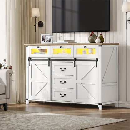 Farmhouse Dresser with LED Lights & Glass Drawers, Chest of Drawers with Sliding Barn Doors for Living Room Bedroom Entryway, White