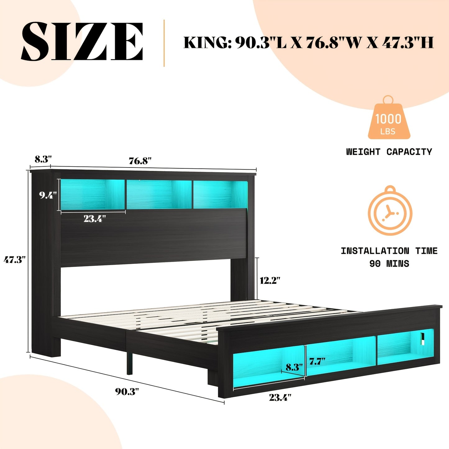 Platform Bed in Farmhouse Style Featuring a Storage Headboard And Footboard, Integrated LED Lighting, And a Charging Station - Does Not Need a Box Spring.