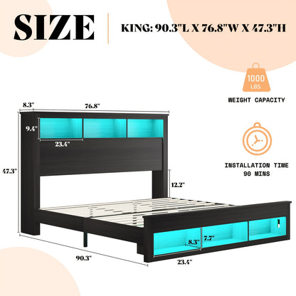 Platform Bed in Farmhouse Style Featuring a Storage Headboard And Footboard, Integrated LED Lighting, And a Charging Station - Does Not Need a Box Spring.
