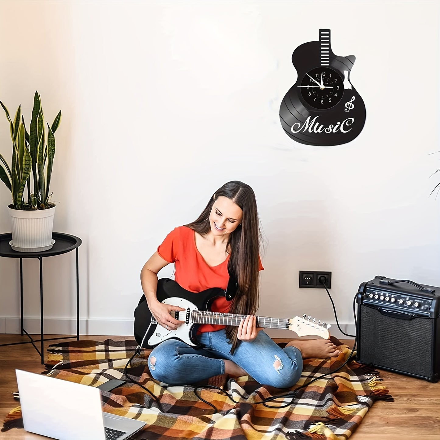 [Unique Vinyl Record Wall Clock] Unique Vinyl Record LED Wall Clock - Guitar-Shaped, Musical Theme, Irregular Shape, Flat Crown, Digital Display, Battery Operated (AA Not Included) - Ideal for Living Room, Bedroom, Office, Mu