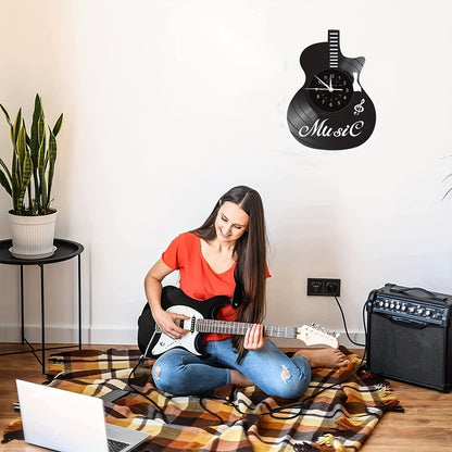 [Unique Vinyl Record Wall Clock] Unique Vinyl Record LED Wall Clock - Guitar-Shaped, Musical Theme, Irregular Shape, Flat Crown, Digital Display, Battery Operated (AA Not Included) - Ideal for Living Room, Bedroom, Office, Mu