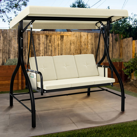 NatureHavenShopPorch Swing Bed 3-Seats Outdoor Patio Swing Heavy Duty Swing Chair With Adjustable Canopy Removable Cushion, Suitable For Adult In Garden, Poolside, Balcony