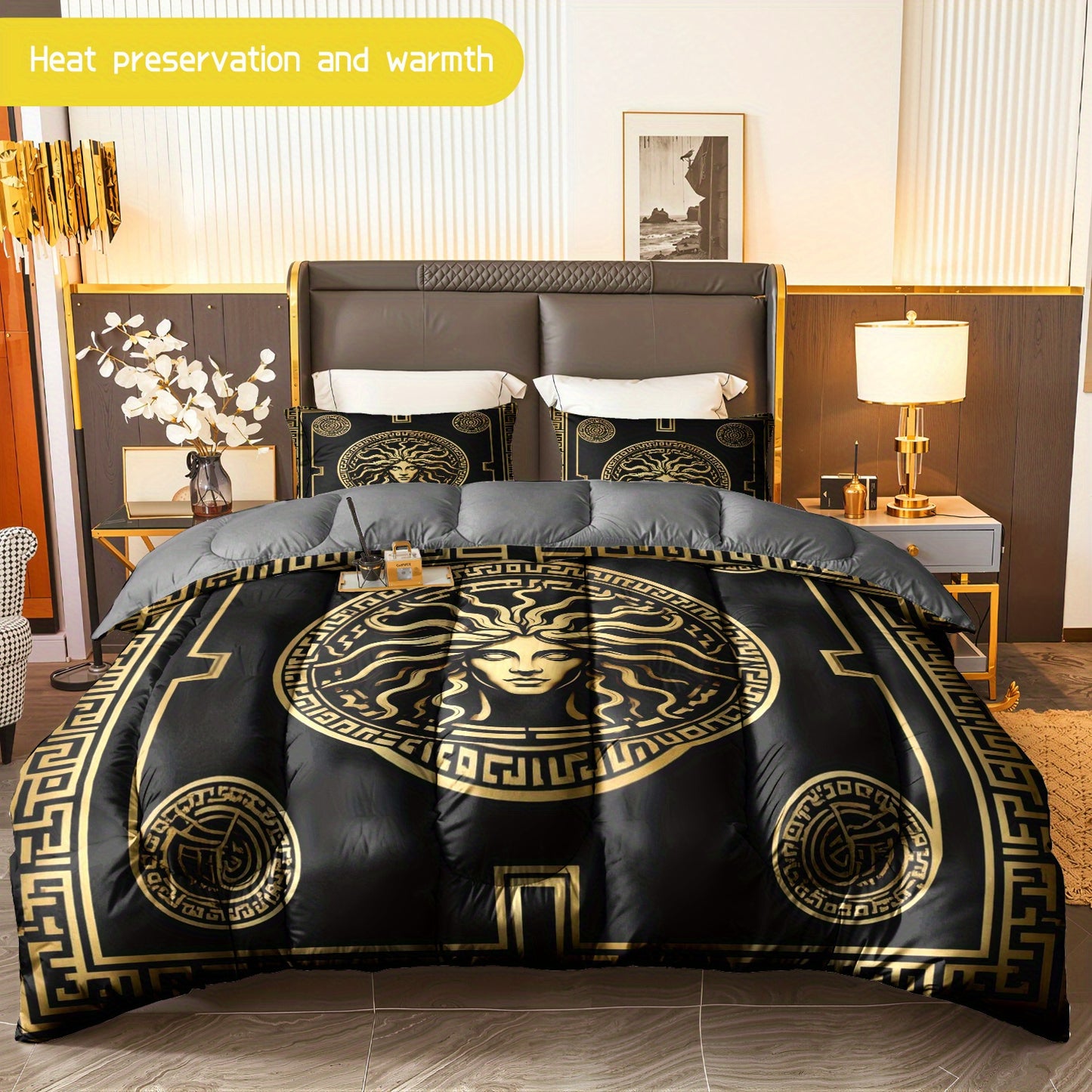 3pcs (1 comforter + 2 pillowcases) Bedding Set, All-Season Soft Microfiber, Hypoallergenic, Wrinkle & Fade Resistant, Easy - Care, Queen/King/Full Size, Fashionable Medusa - Inspired Pattern, Luxury - Quality Durable Fabric f