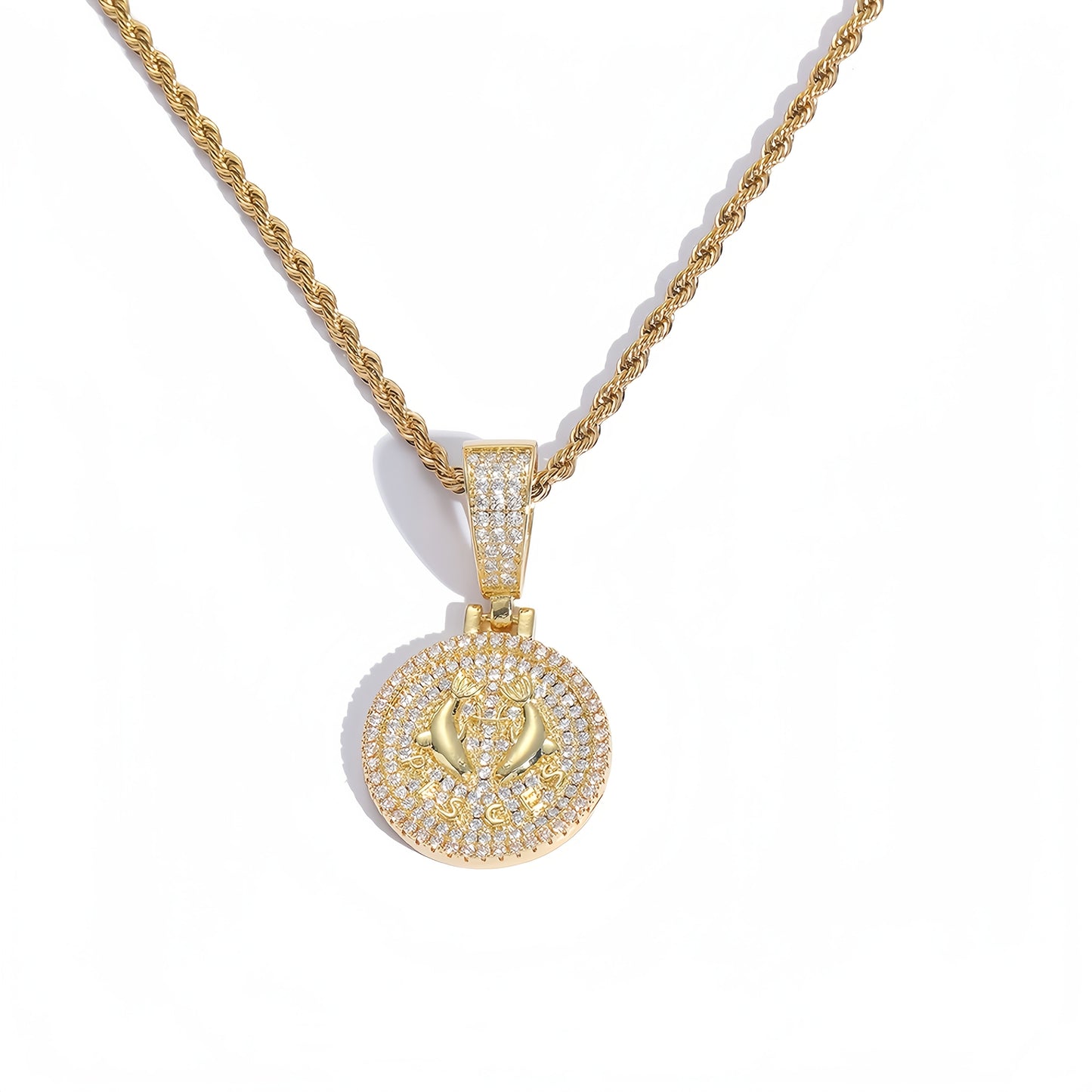12 Zodiac Coins Necklace - 14K Gold Plated Golden Plated Hip-Hop Astrology Pendant with Synthetic Synthetic Zirconia Stones, 24in 304 Stainless Steel Chain, Unisex Jewelry Gift for Women & Men (Birthdays, Mother’s Day, Fath