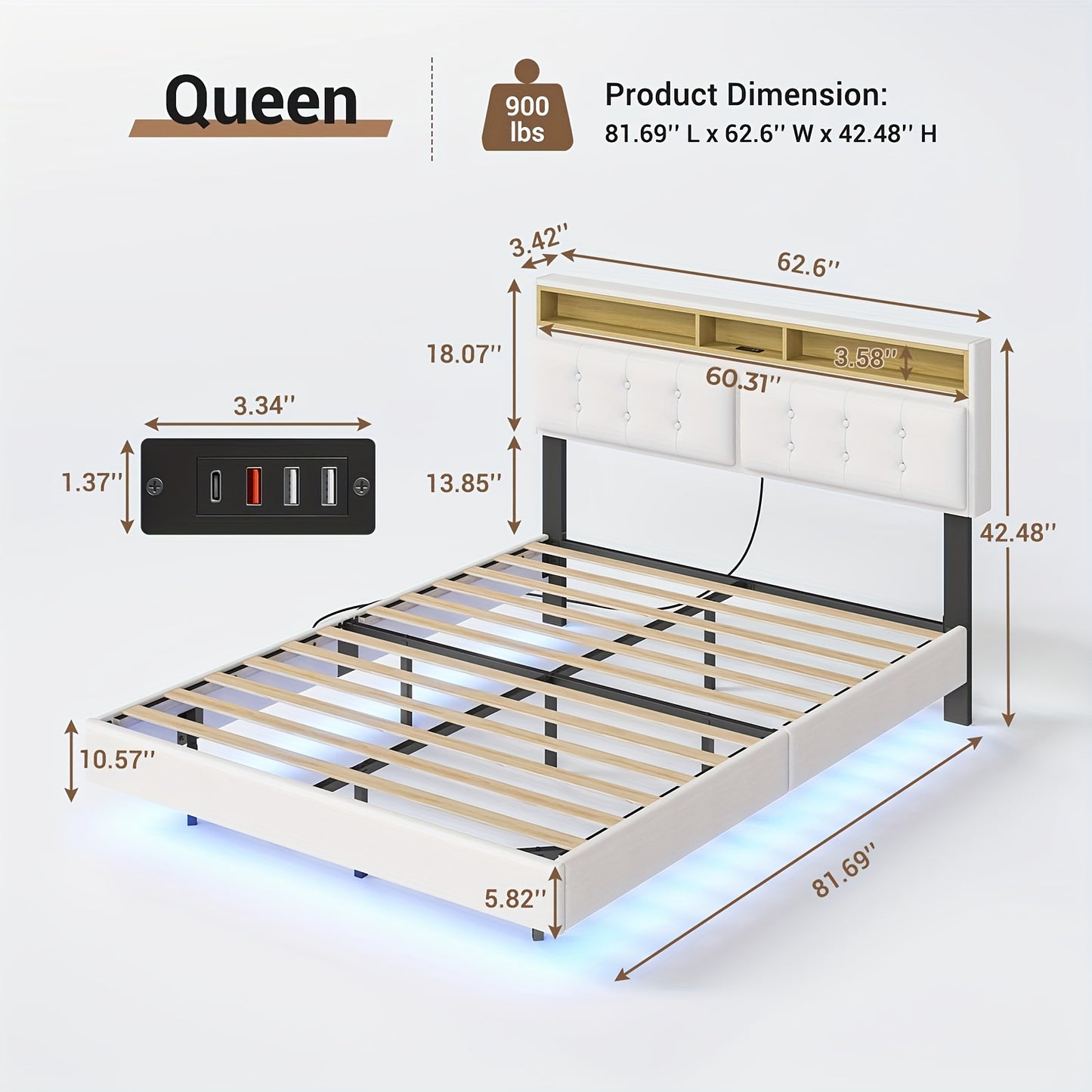 1pc Modern Queen Size Floating Bed Frame with LED Lights, Metal Platform Bed with Storage Headboard, Contemporary Style, 110V-130V, US Plug, No Battery Required