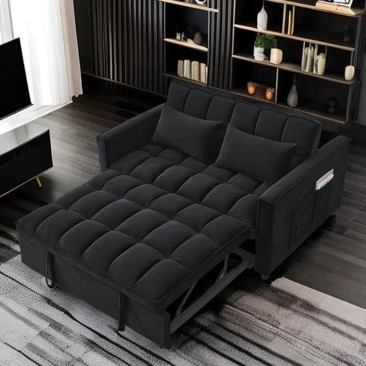 54" Wide versatile foldable sofa bed Upgraded 3 in 1 Convertible Velvet Sofa Couch Bed, Velvet Loveseat Futon Sofa Bed with Pull out Bed, Double Lounge Sofa with Reclining Backrest, Pockets and 2 Pillows for Living Room, Bedr