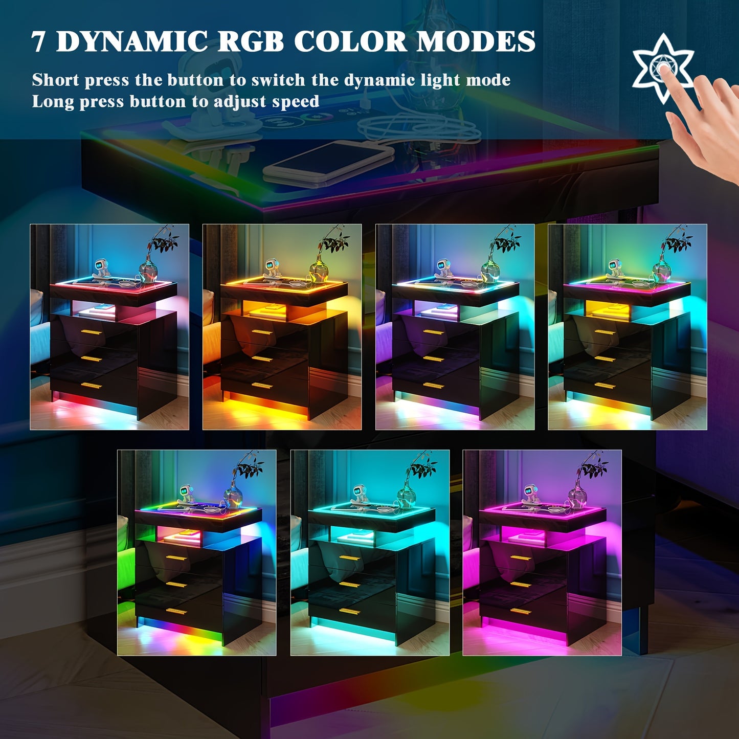 Lvifur High Gloss Nightstand With Wireless Charging Station, Smart Night Stand With RGB Dynamic Lighting, Modern Bed Side Table With Drawers Sliding Tray, Glass Tabletop