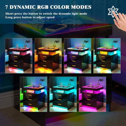 Lvifur High Gloss Nightstand With Wireless Charging Station, Smart Night Stand With RGB Dynamic Lighting, Modern Bed Side Table With Drawers Sliding Tray, Glass Tabletop