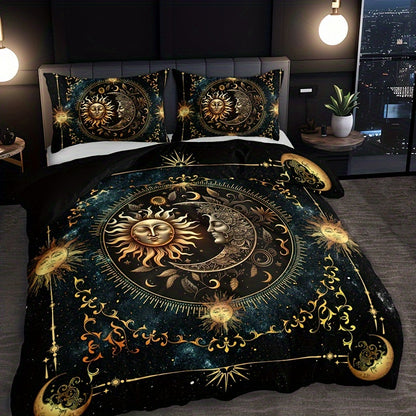 3pcs Bedding Set - Elegant & Golden Sun/Moon/Planets Print Duvet Cover with 2 Pillowcases, All-Season Luxury Bedspread for Queen/King Size Beds, Machine Washable Polyester Bedding For Home & Dorm Decor