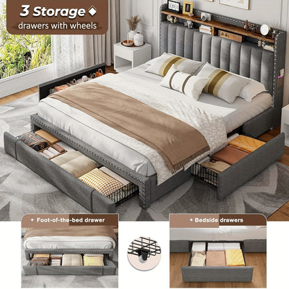 ENHOMEE King Size Upholstered Storage Bed with 3 Drawers & 2-Tier Nightstand Shelves - Modern Platform Bed Frame, Quick Assembly, Metal Frame, Contemporary Style
