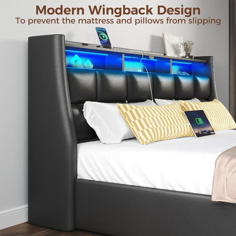 Twin Full Queen Bed Frame with LED Lighting, Built-in Charging Station, have RemotePU Leather/neutral-toned linen fabric Storage Headboard & Drawers,Heavy Duty Wood Slats, Quick & Easy Assembly - Perfect for Bedroom Furniture