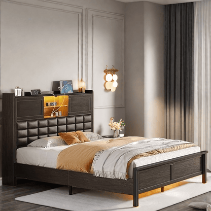 Greenstell Bed Frame Twin/Full/Queen Size with Charging Station, Bookcase Headboard Bed with LED Light and Sliding Doors, Platform Bed with Wooden Slats, No Box Spring Needed, Noise Free