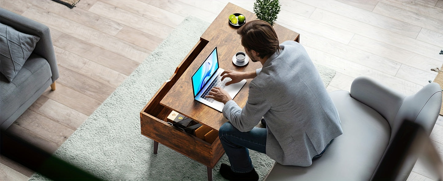 Vintage Lift-Top Coffee Table with Hidden Storage and Adjustable Shelf - Durable Wood, Ideal for Living Room