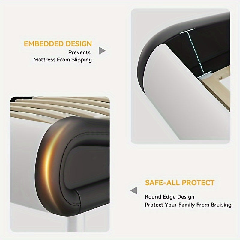 Queen Bed Frame with Ergonomic Headboard, Upholstered Led Bed Frame with Lights and Charging Station, Platform Bed Frame with Premium Pu Leather No Box Spring Needed, White