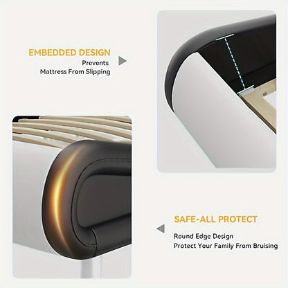 Queen Bed Frame with Ergonomic Headboard, Upholstered Led Bed Frame with Lights and Charging Station, Platform Bed Frame with Premium Pu Leather No Box Spring Needed, White