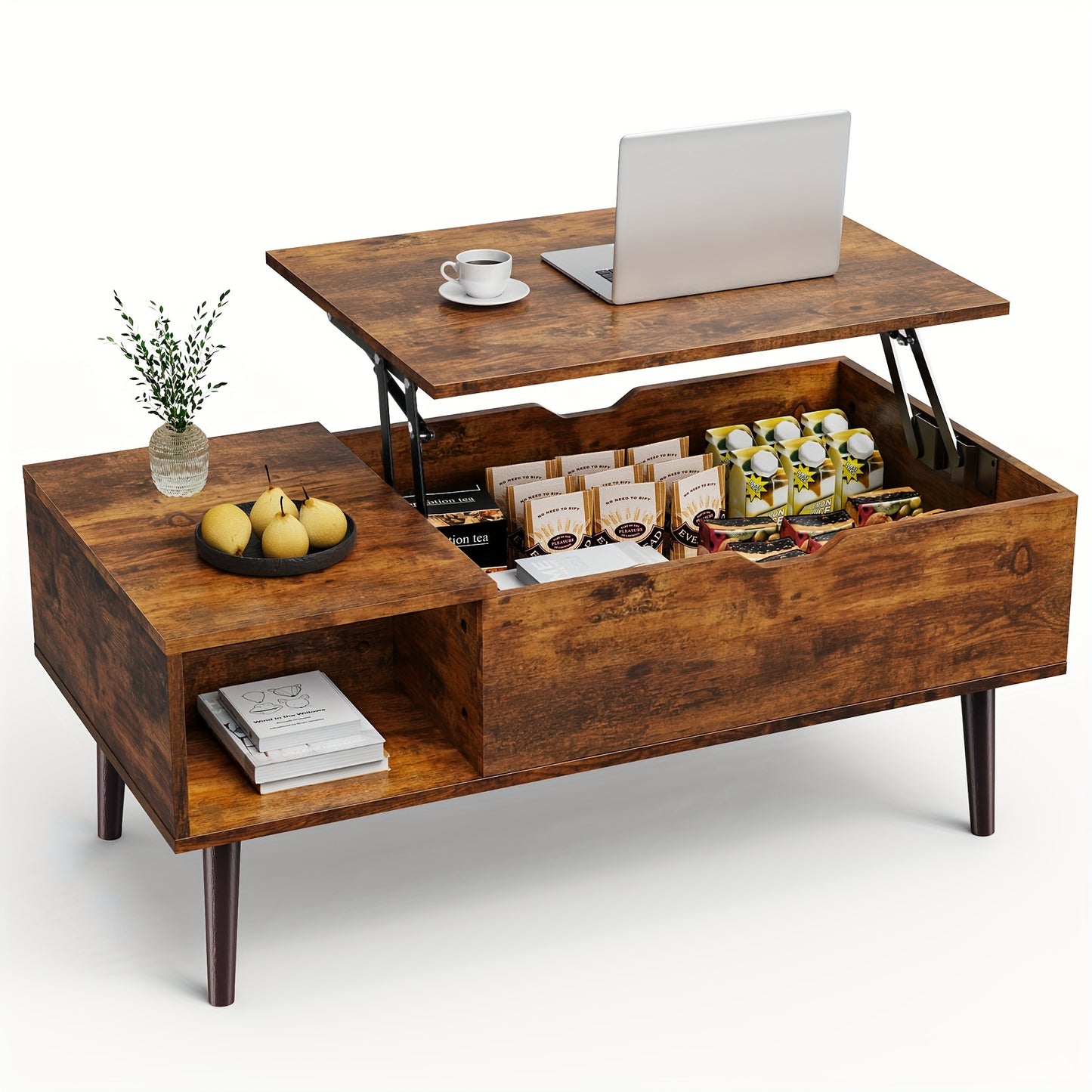 Vintage Lift-Top Coffee Table with Hidden Storage and Adjustable Shelf - Durable Wood, Ideal for Living Room