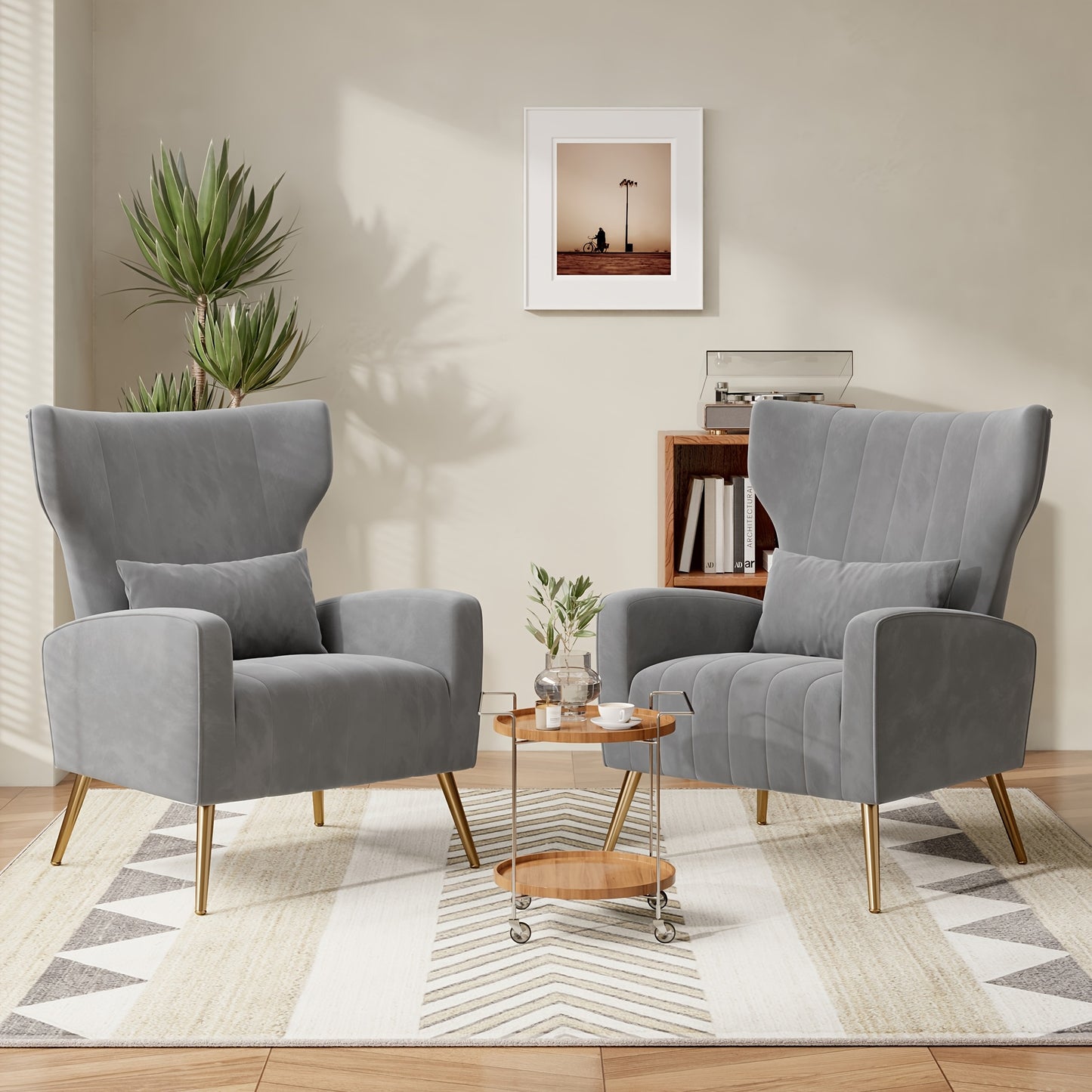 Modern Velvet Accent Chair with Metal Legs and Head Support – Cozy Mid-Century Reading Armchair, Includes Cushion and Footrest, Available in Gray/Yellow/Black