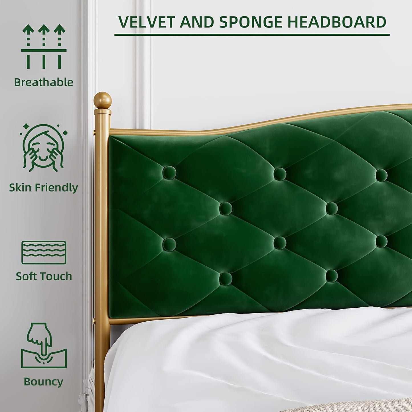 Full, Queen, King, White, Blue, Green, Senfot Bed Frame, Velvet Upholstered Platform Bed With Button Tufted Headboard, Heavy Duty Mattress Foundation With Solid Wood Slats Support, No Box Spring Needed