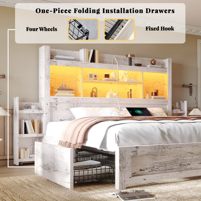PAPABABE Bed Frame Featuring a 49.6-Inch Bookcase Headboard, Four Drawers, And Two Removable Storage Racks - a Farmhouse-Style Wooden Bed Frame Equipped with RGB LED Lights And a Charging Station, No Box Spring Required.
