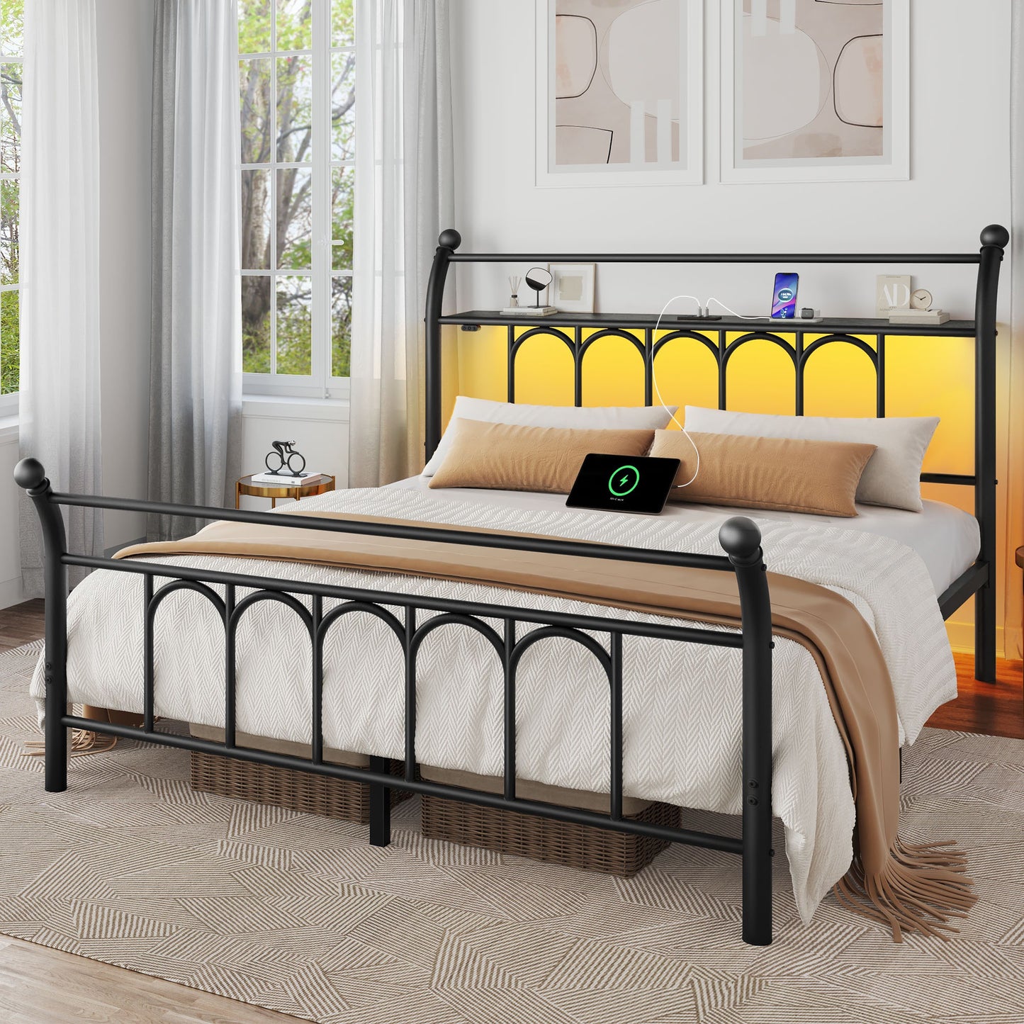 Classic Metal Platform Bed Frame with Victorian Style Iron-Art Headboard/Footboard/Under Bed Storage/No Box Spring Needed