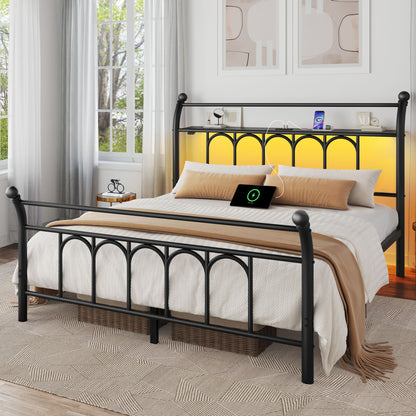Classic Metal Platform Bed Frame with Victorian Style Iron-Art Headboard/Footboard/Under Bed Storage/No Box Spring Needed
