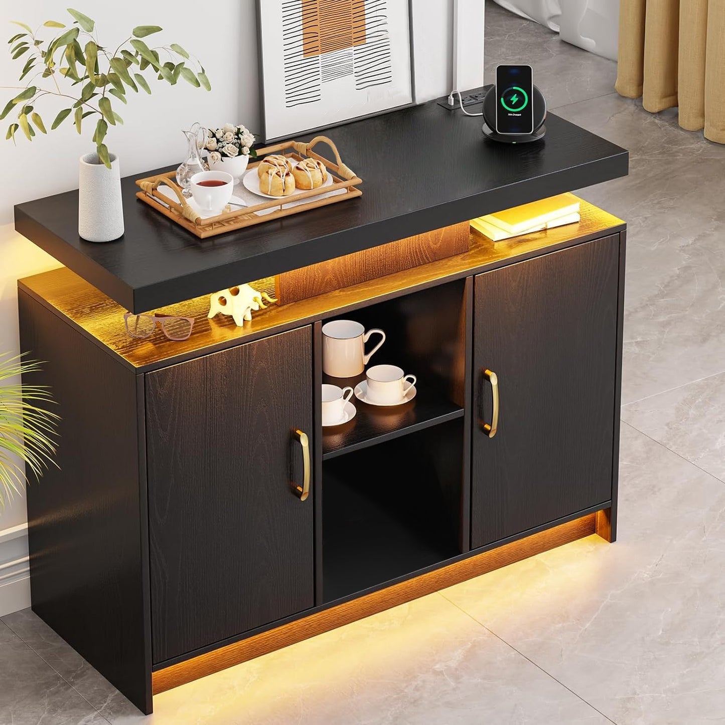 Buffet Cabinet with Storage &amp; Led Lights, Modern Accent Cabinet with Charging Station, Black Coffee Bar Buffet Table with Doors &amp; Shelves for Kitchen, Dinning, Living Room