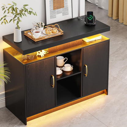 Buffet Cabinet with Storage &amp; Led Lights, Modern Accent Cabinet with Charging Station, Black Coffee Bar Buffet Table with Doors &amp; Shelves for Kitchen, Dinning, Living Room
