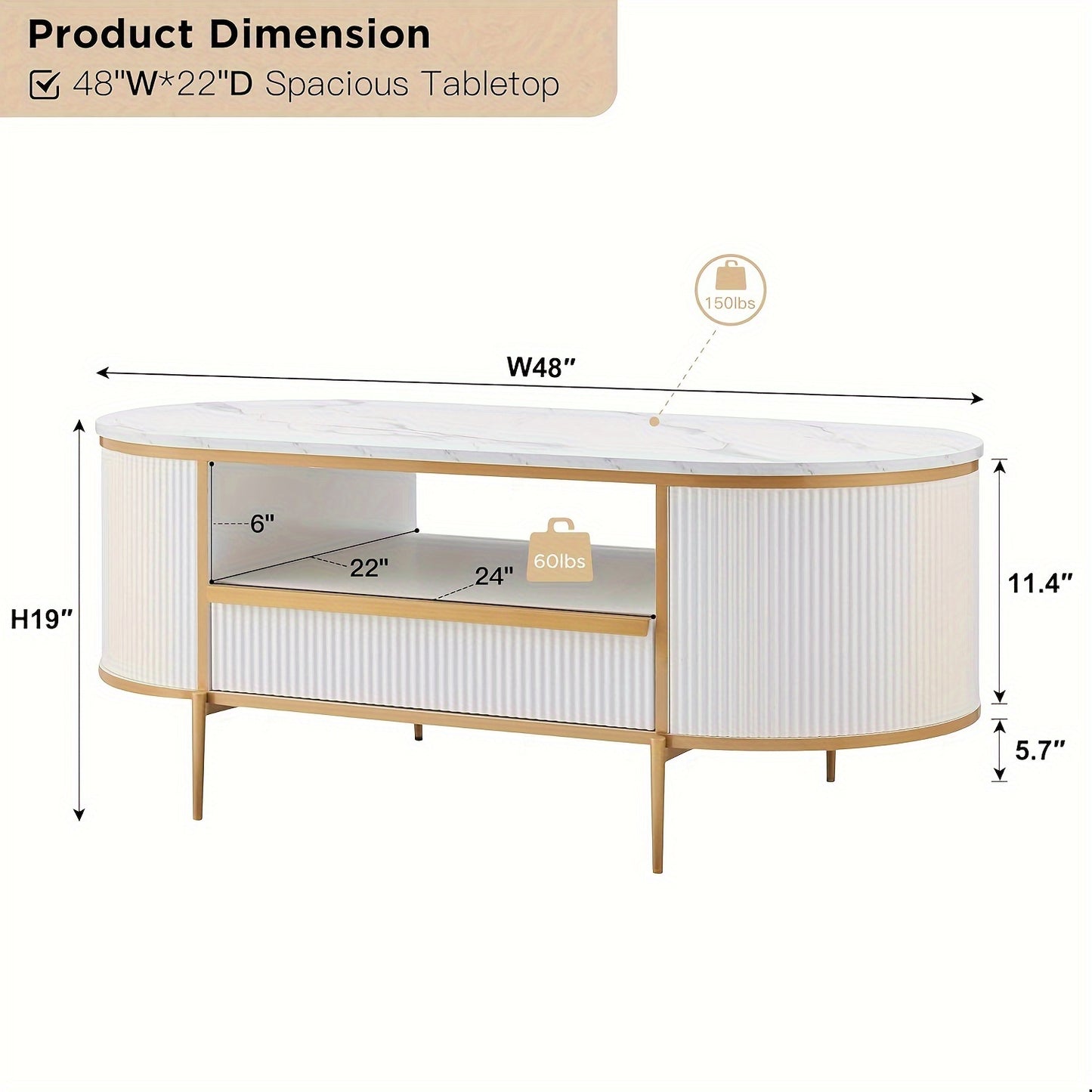 48" Oval Coffee Table - Faux Marble Top & Golden Accents