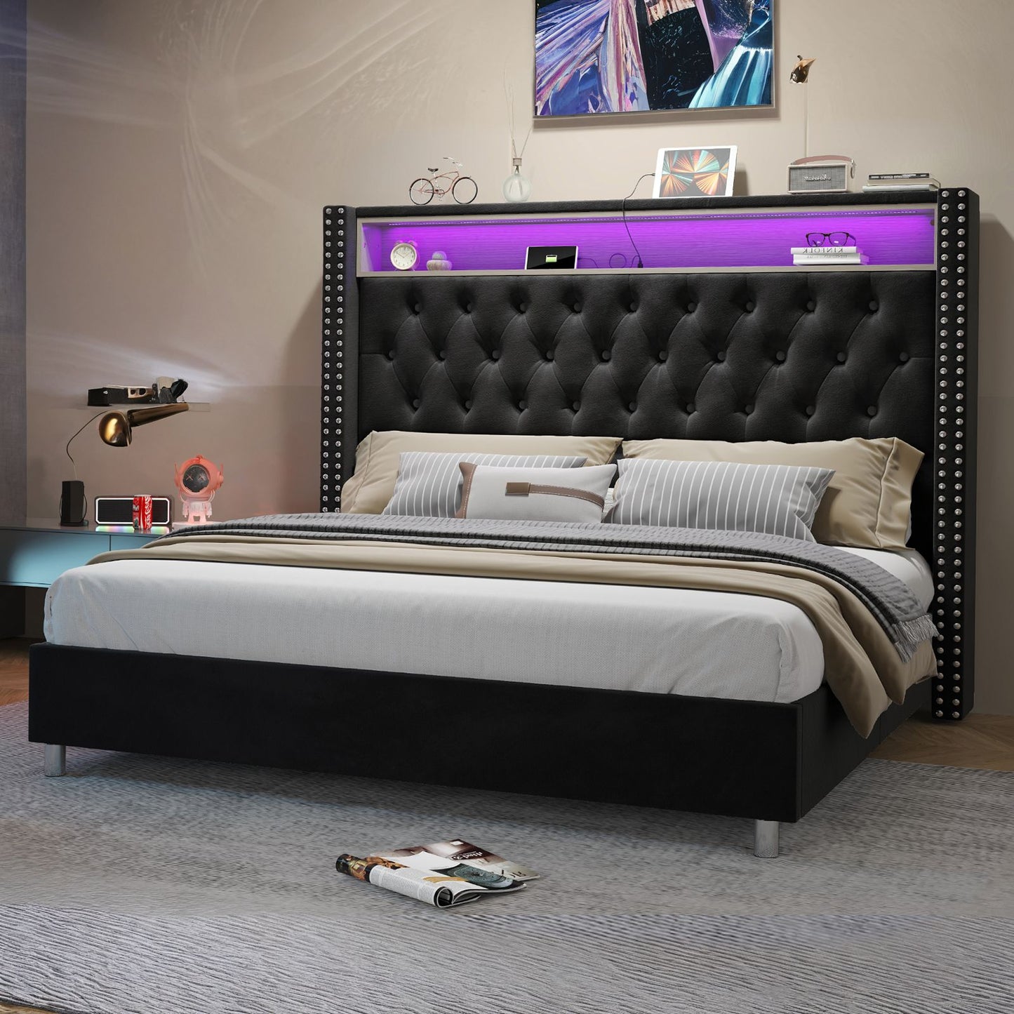Albott velvet wingback bed with 53.2 in. tufted headboard, LED charging station, no box spring, black.