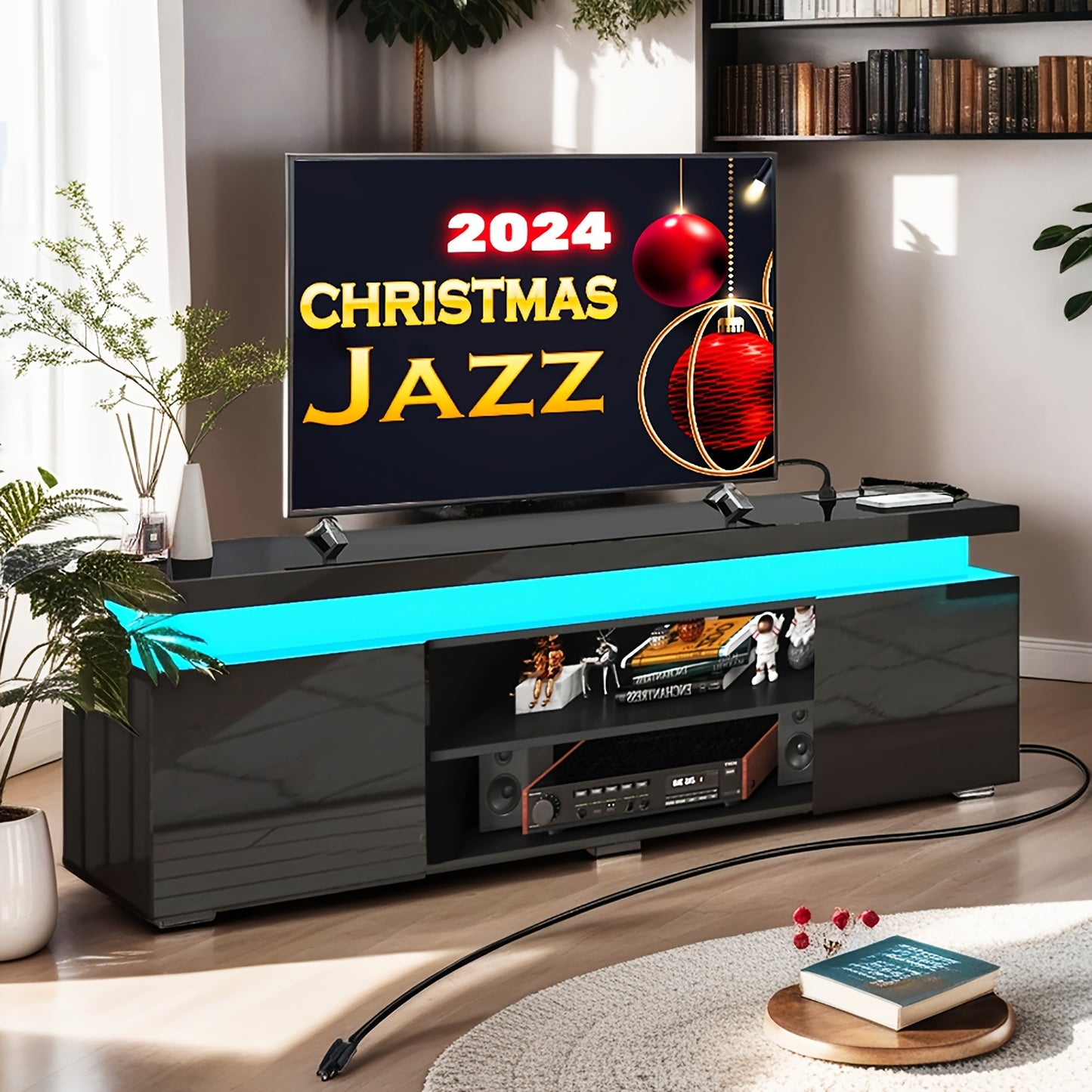 LED TV Stand For 85 Inch TV, Modern Gaming TV Stand With Power Outlet, High Gloss TV Console Entertainment Center With Storage And LED Lights For Living Room, Bedroom