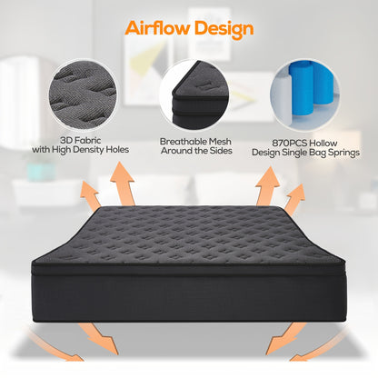 mattress, 12 inches, box hybrid mattress with memory spring hybrid, individual pocket spring mattress for family rooms and hotels in black