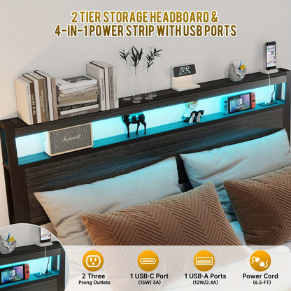 Bed Frame Available in Full, Queen, And King Sizes Featuring LED Lights And a Charging Station. This Metal Platform Bed Includes a Two-Tier Wooden Storage Headboard And Four Storage Drawers. It Operates Quietly, Does Not Requ