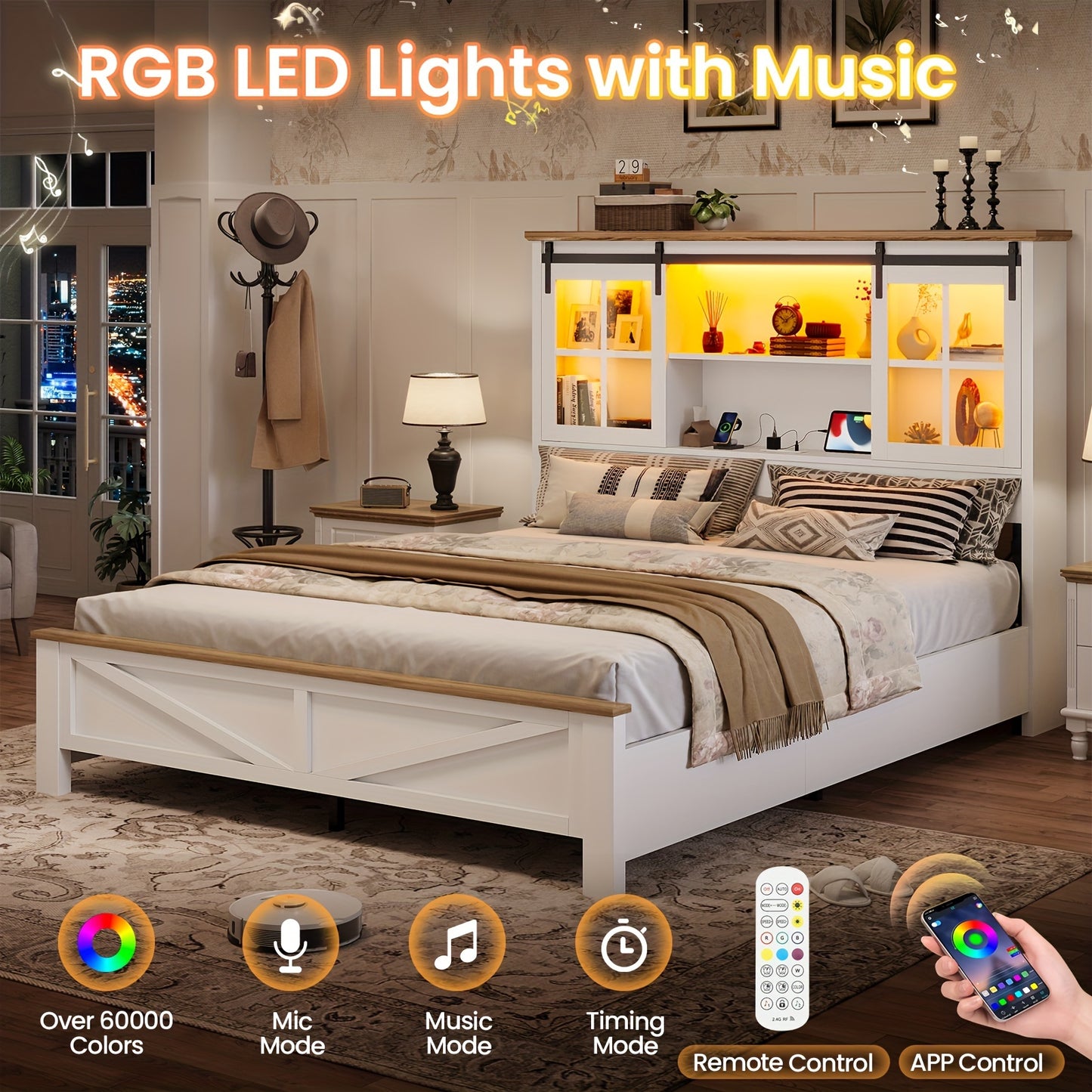 Farmhouse Queen Size Bed Frame with Bookcase Headboard Platform Bed Frames with LED Lights & Charging Station, Queen Storage Bed with Sliding Barn Door, Noiseless, White