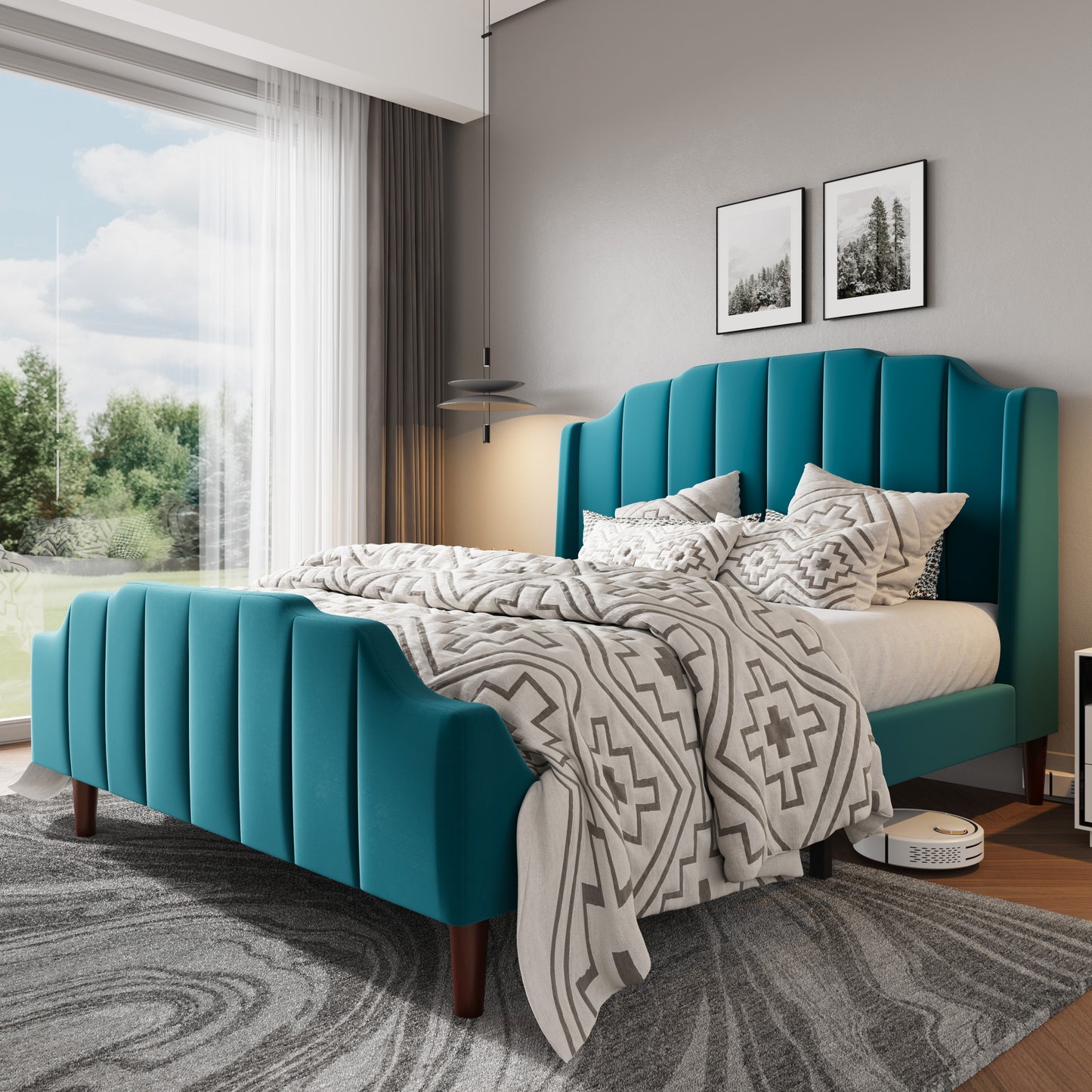 HOOMIC Velvet Queen Size Bed Frame With Wingback Headboard