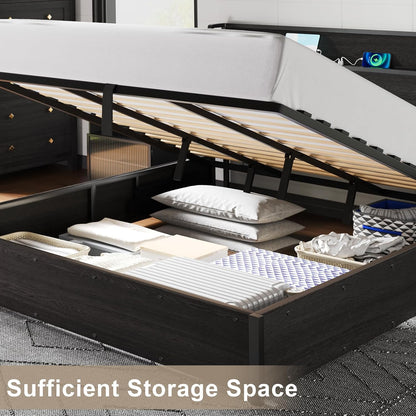 Black/King Elevating Storage Bed Frame: Wooden Platform Design Incorporating Lifting Storage and Charging Station, Eliminating the Need for a Spring Box and Ensuring Noiselessness