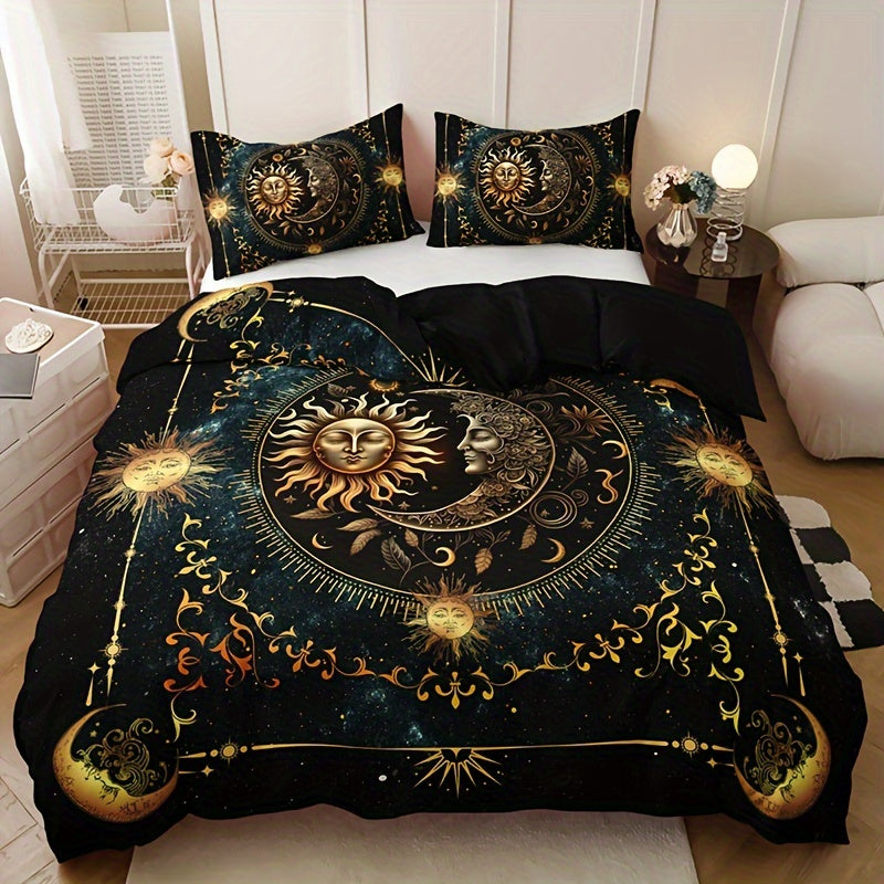 3pcs Bedding Set - Elegant & Golden Sun/Moon/Planets Print Duvet Cover with 2 Pillowcases, All-Season Luxury Bedspread for Queen/King Size Beds, Machine Washable Polyester Bedding For Home & Dorm Decor
