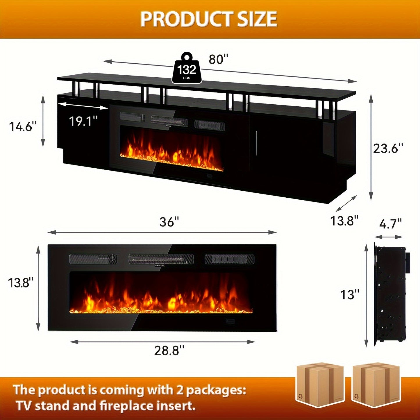 70"/80" Modern Electric Fireplace TV Stand For TVs Up To 80 Inch, With Electronic Flame And LED Lights, Luxury High Gloss Finish Entertainment Center For Living Room, Black