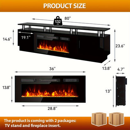 70"/80" Modern Electric Fireplace TV Stand For TVs Up To 80 Inch, With Electronic Flame And LED Lights, Luxury High Gloss Finish Entertainment Center For Living Room, Black