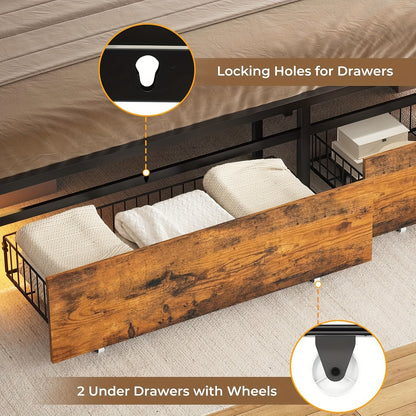 Queen Size Bed Frame with LED Lights, Modern Platform Bed Frame with 2 Storage Drawers and Headboard (Rustic Brown)