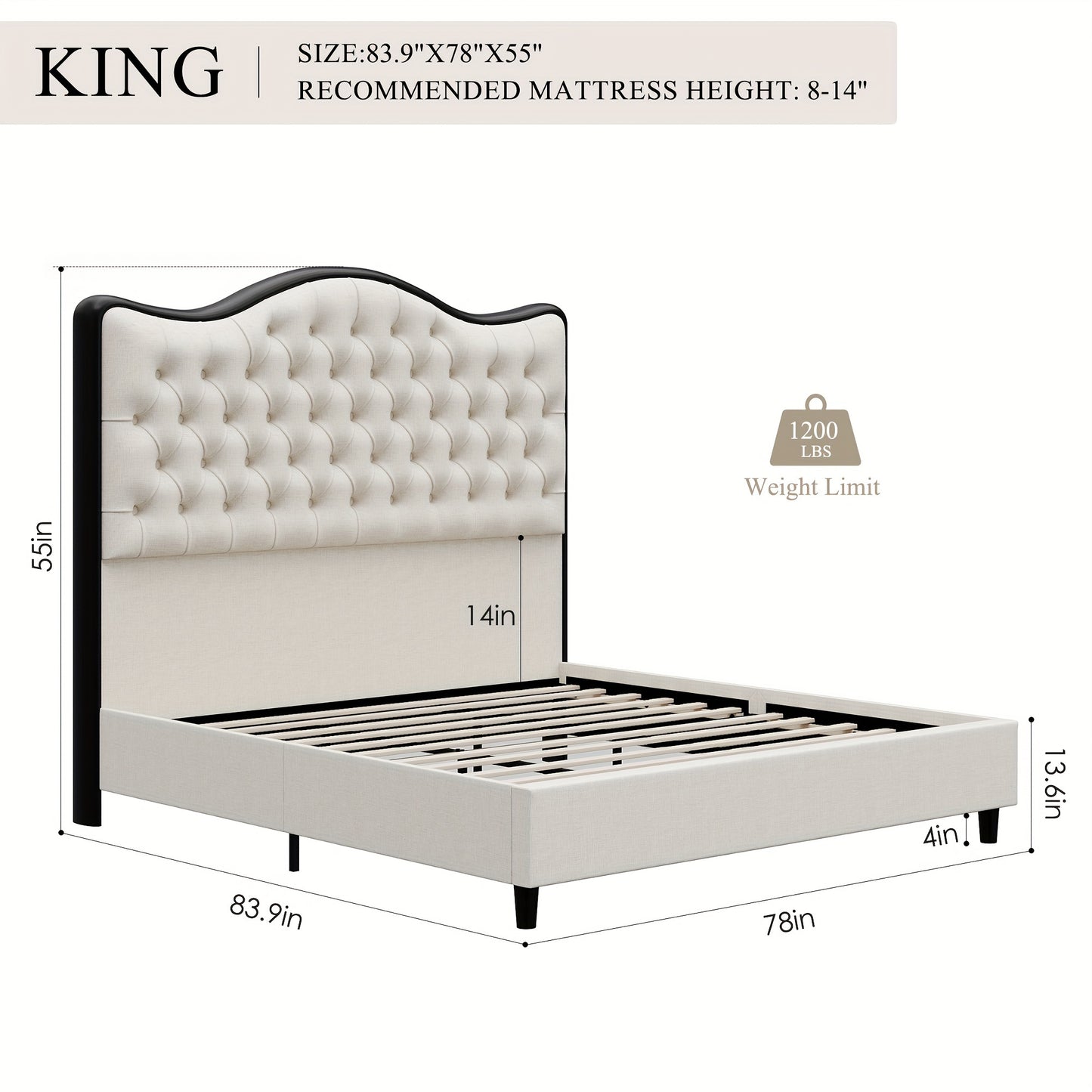 FULTRU Queen/King Size Bed Frame, 55" Tall Platform Bed with Curved Headboard, Velvet/Leather Upholstered Bed with Deep Tufted Button, Handmade Pleats, Gold/Black Metal Frame, Wooden Slats Support, No Box Spring Needed