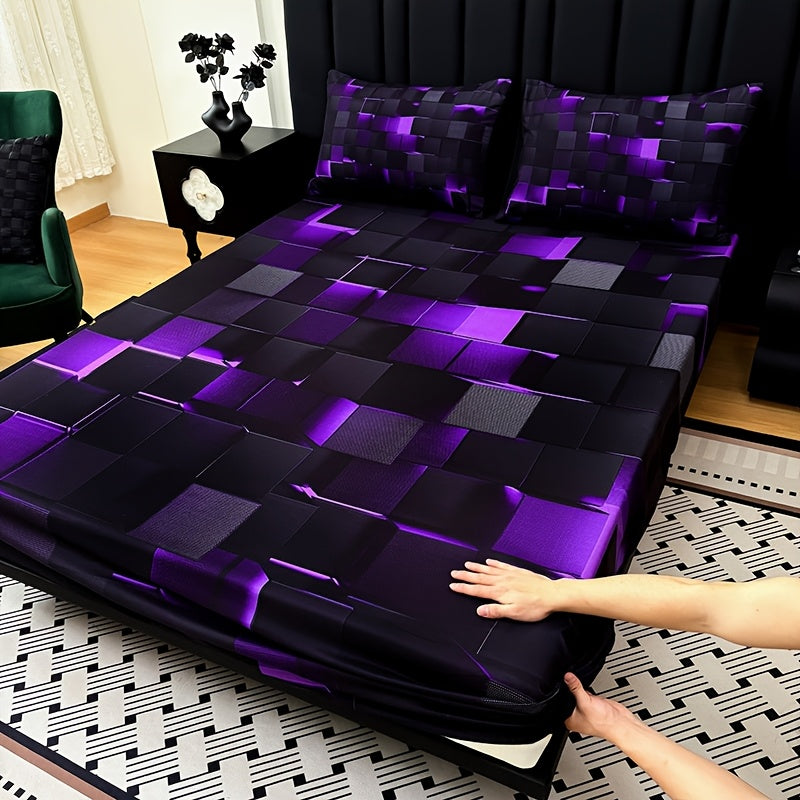 3pcs Cool Technology Digital Printing Material Plaid Fitted Sheet(1pc Bed Sheet+2pcs Pillowcase No Filling)Deep Pocket In 15 Inch At Home Dormitory Suitable for All Seasons Mattress Protector