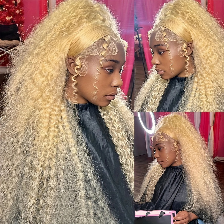 13x4 Blonde Middle Part Curly Wigs Lace Front 613 Blonde  Glueless Wavy Wig Cap Headband Curly Wig for Women with Natural Hairline Glueless Synthetic Heat Resistent Wigs 26 inch for Daily Party